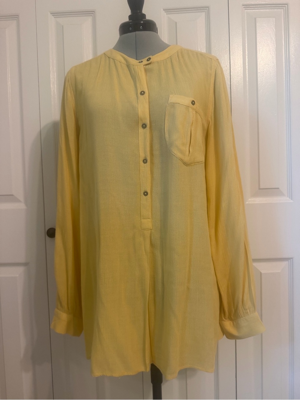 Free People Pale Yellow Button Front Tunic Blouse